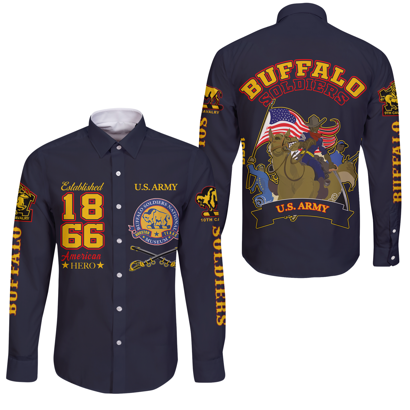 Big Boy Buffalo Soldiers Long Sleeve Button Shirt Blue  - African Pride