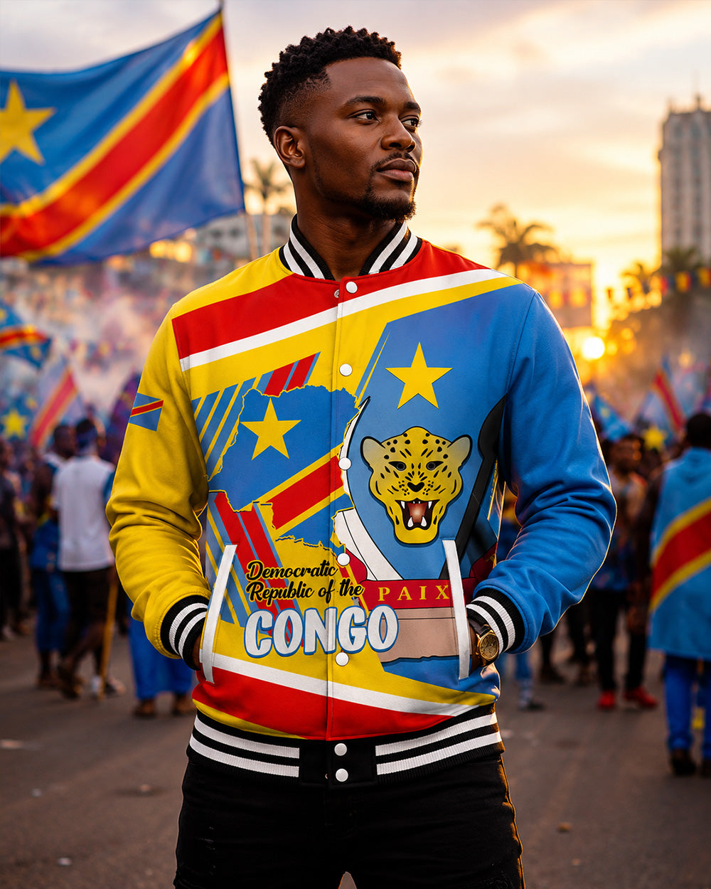 Person wearing a colorful jacket with a flag design, standing in a crowd with flags in the background.