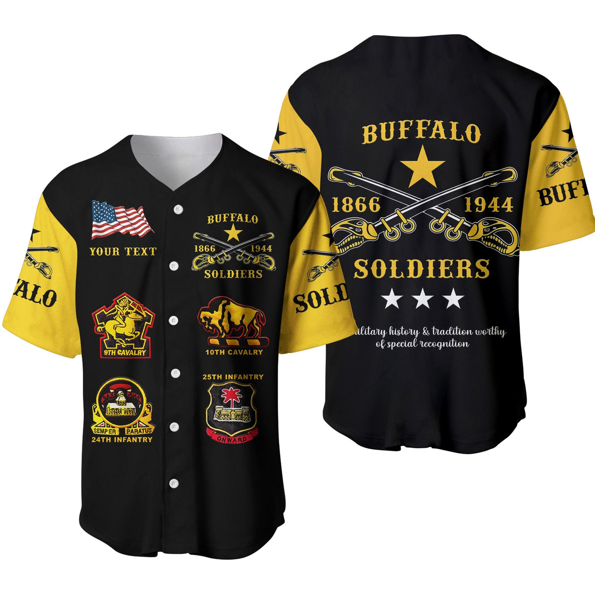 Personalized Buffalo Soldiers Baseball Jersey African American Military Original Style - Black Gold  - African Pride