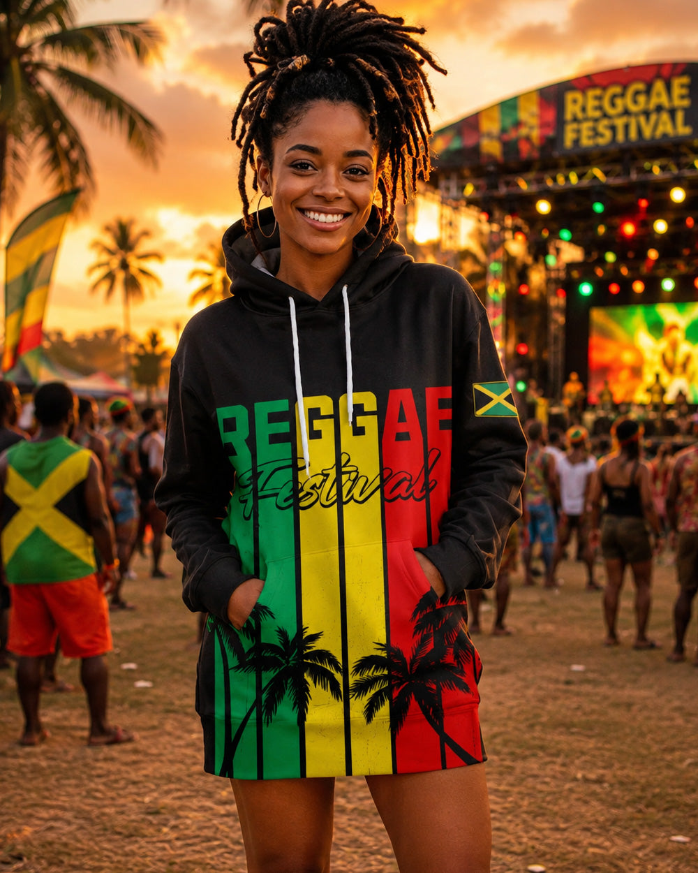 Person wearing a 'Reggae Festival' hoodie with palm tree design at a reggae music festival.