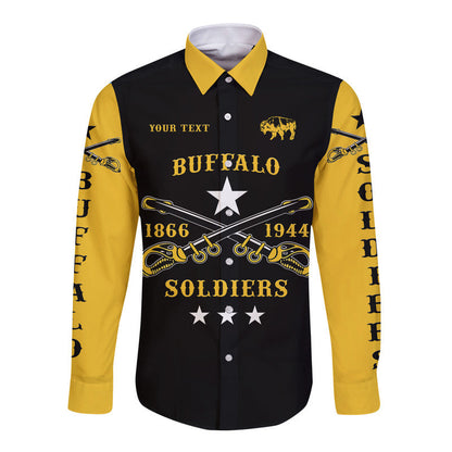 Personalized Buffalo Soldiers Hawaii Long Sleeve Button Shirt African American Military Simple Style - Black Gold  - African Pride
