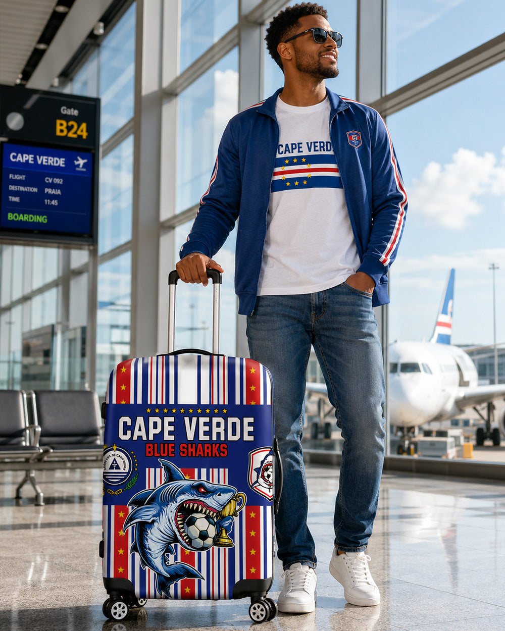 Man with a Cape Verde-themed suitcase at an airport.