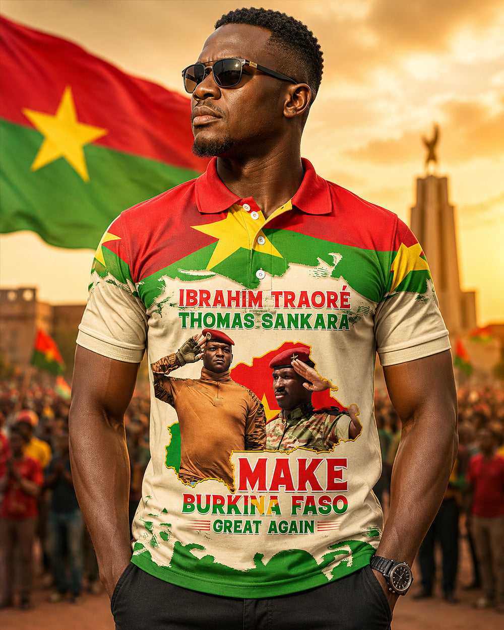 Man wearing a shirt with political messaging and images, standing in front of a flag and crowd.