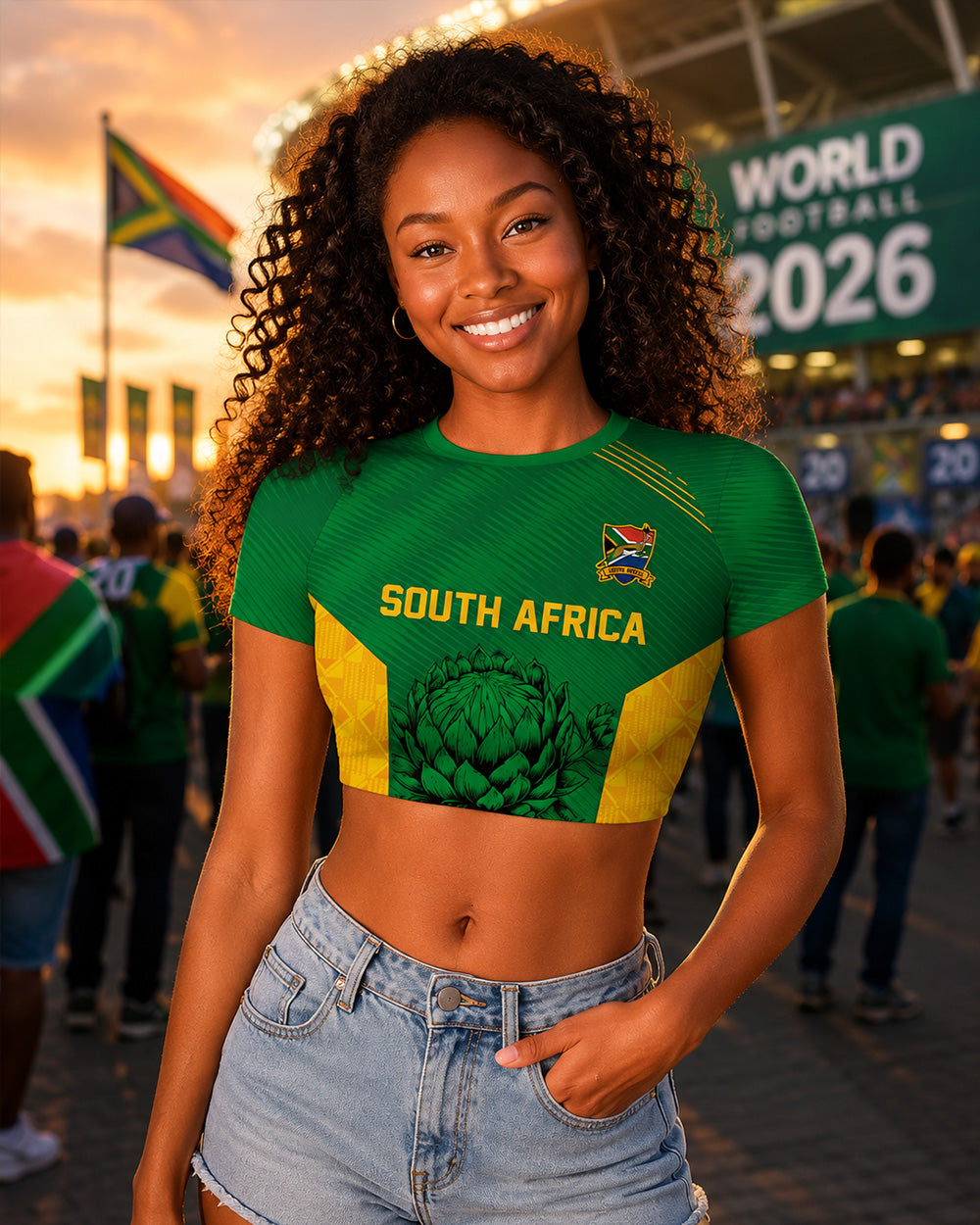 Woman wearing a South Africa sports jersey with a stadium and World Cup 2026 sign in the background.
