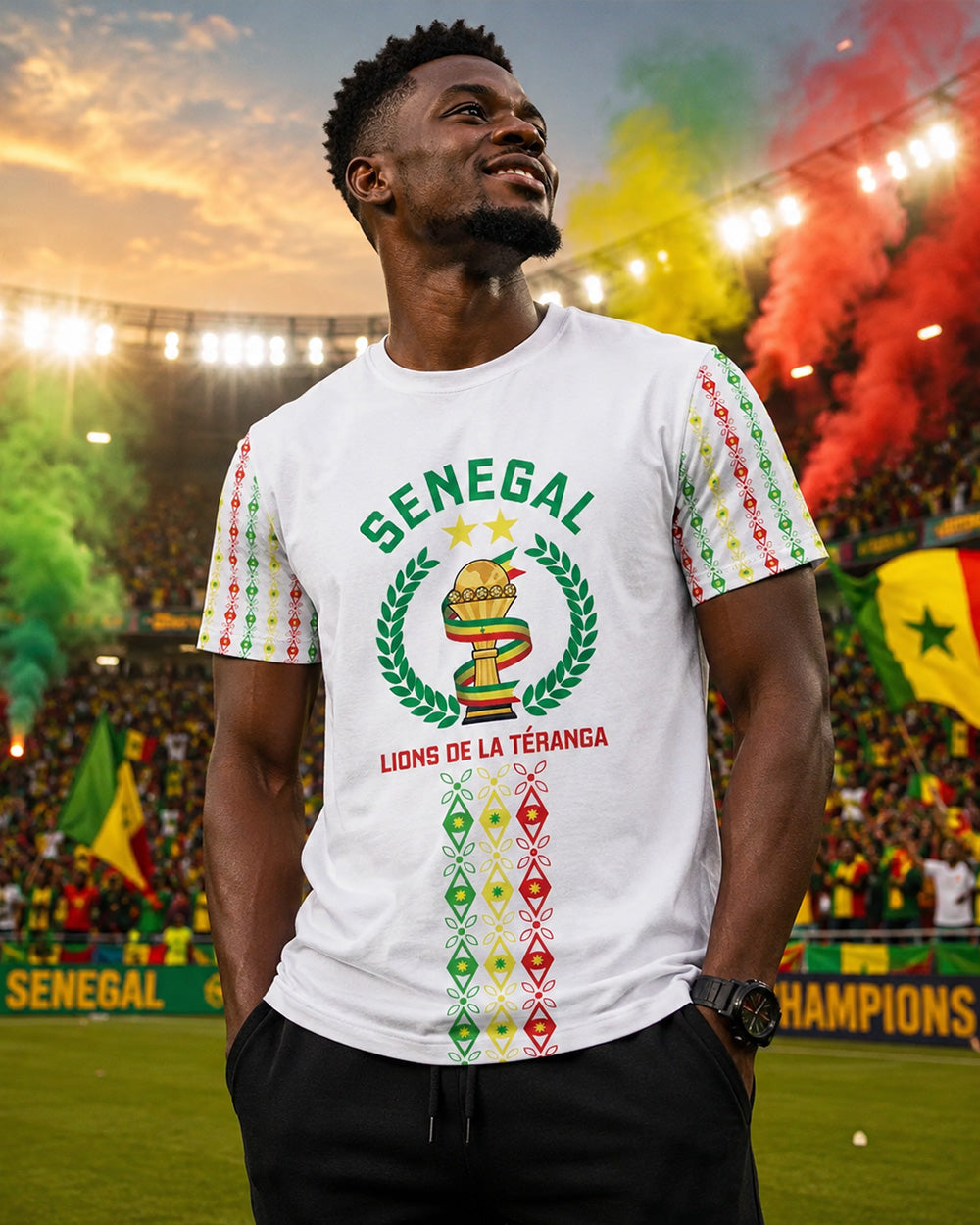 Man wearing a white t-shirt with 'Senegal' and 'Lions de la Teranga' design on a stadium background