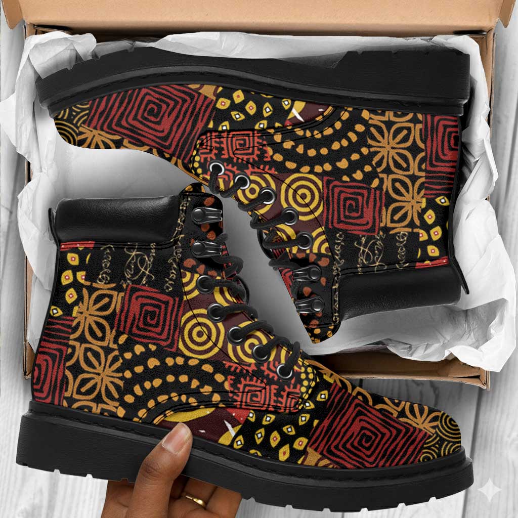 African American Quilt Inspired All Season Boots Earth Tone African Patchwork Motif