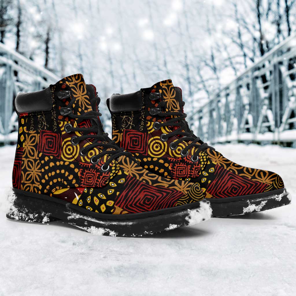 African American Quilt Inspired All Season Boots Earth Tone African Patchwork Motif
