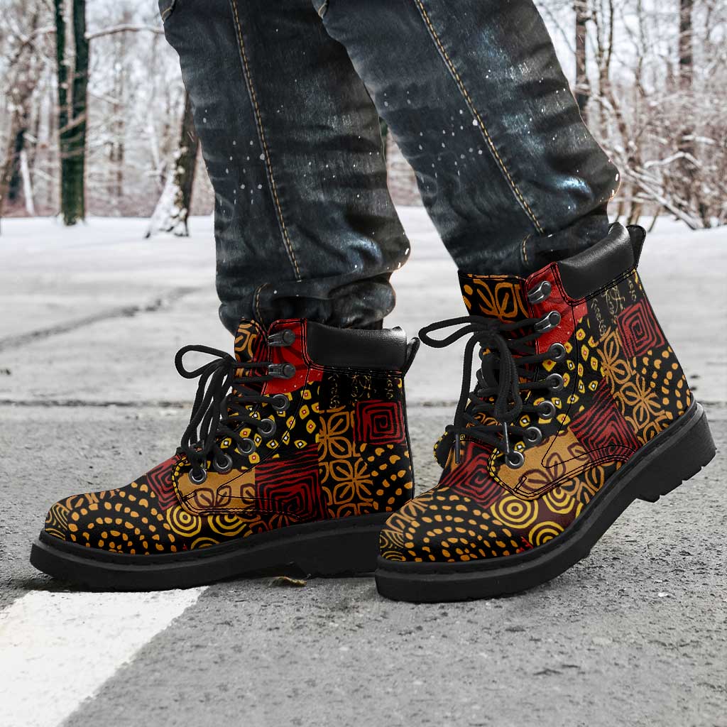African American Quilt Inspired All Season Boots Earth Tone African Patchwork Motif