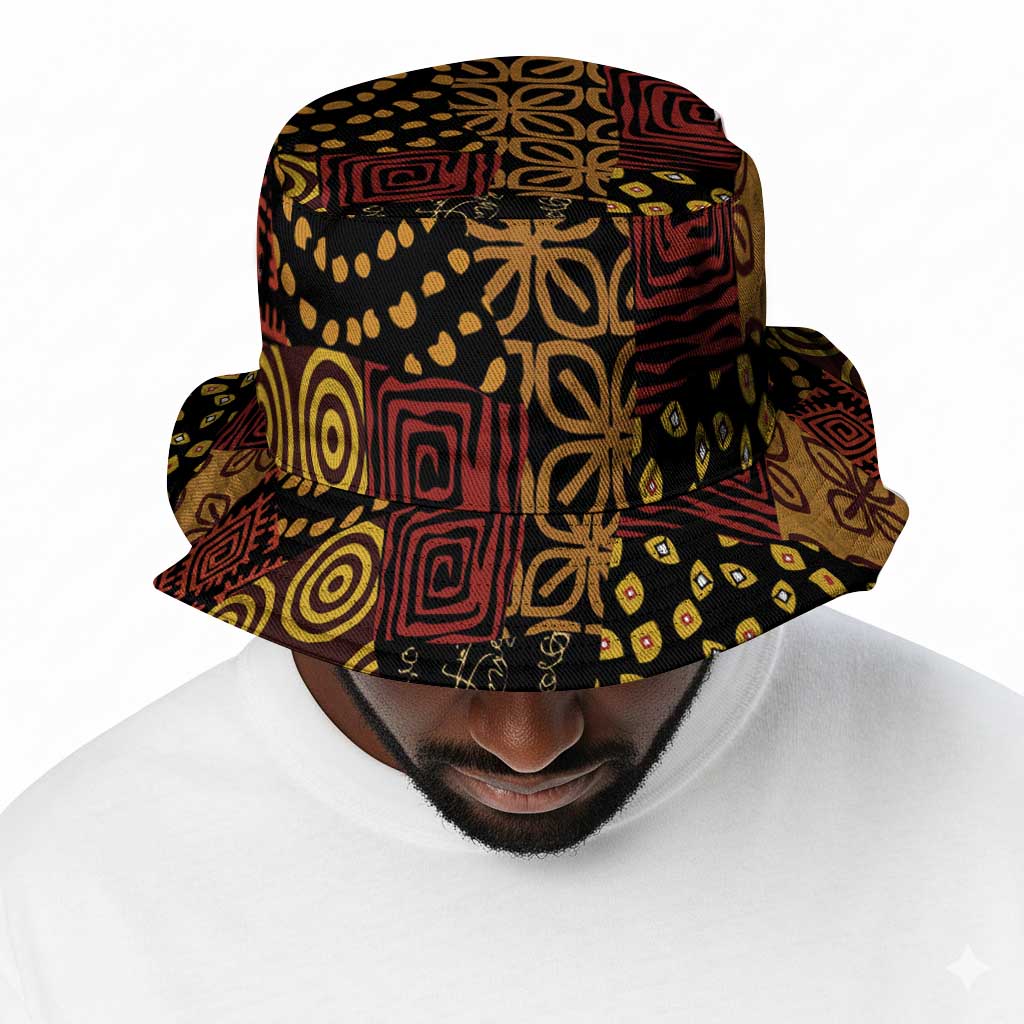 African American Quilt Inspired Bucket Hat Earth Tone African Patchwork Motif