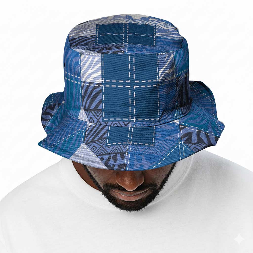 African American Quilt Inspired Bucket Hat Wild Animal Skin African Blue Tribal Elements