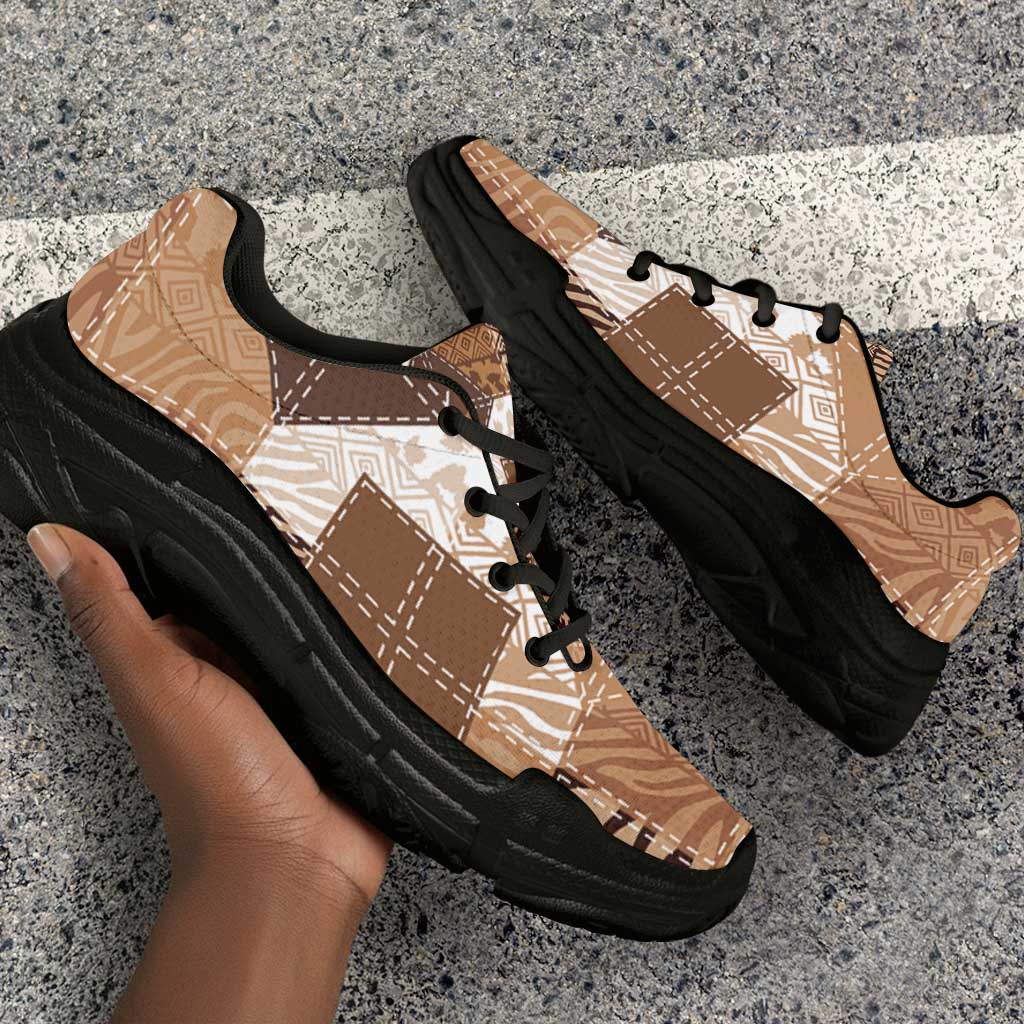African American Quilt Inspired Chunky Sneakers Wild Animal Skin African Beige Tribal Elements