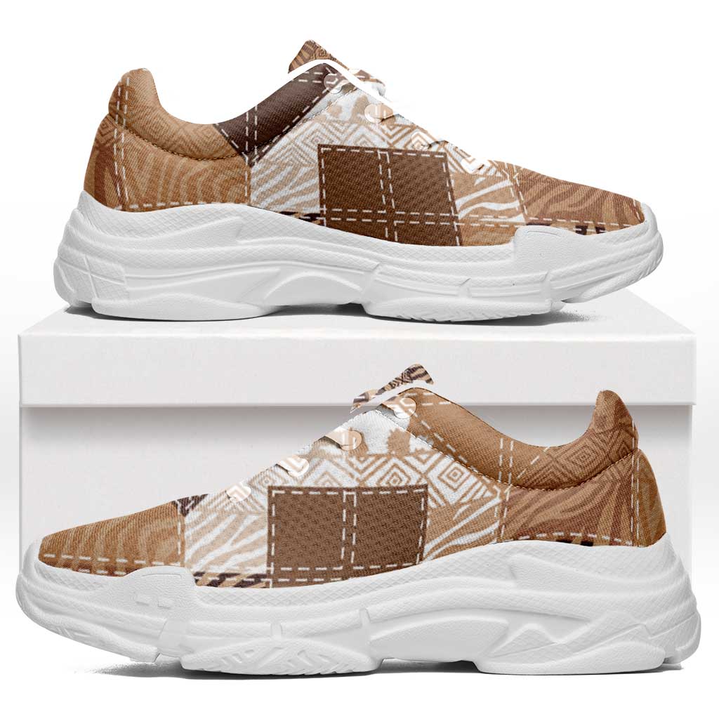 African American Quilt Inspired Chunky Sneakers Wild Animal Skin African Beige Tribal Elements