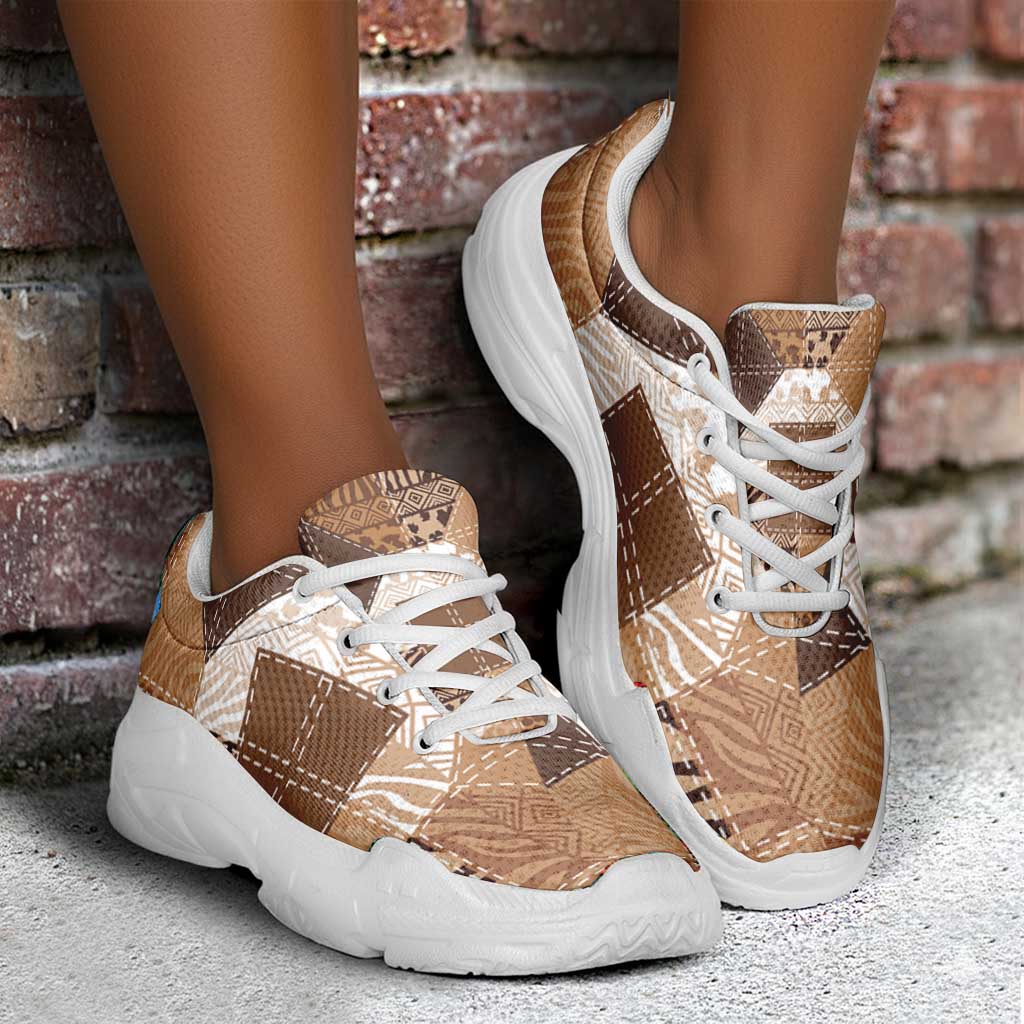 African American Quilt Inspired Chunky Sneakers Wild Animal Skin African Beige Tribal Elements