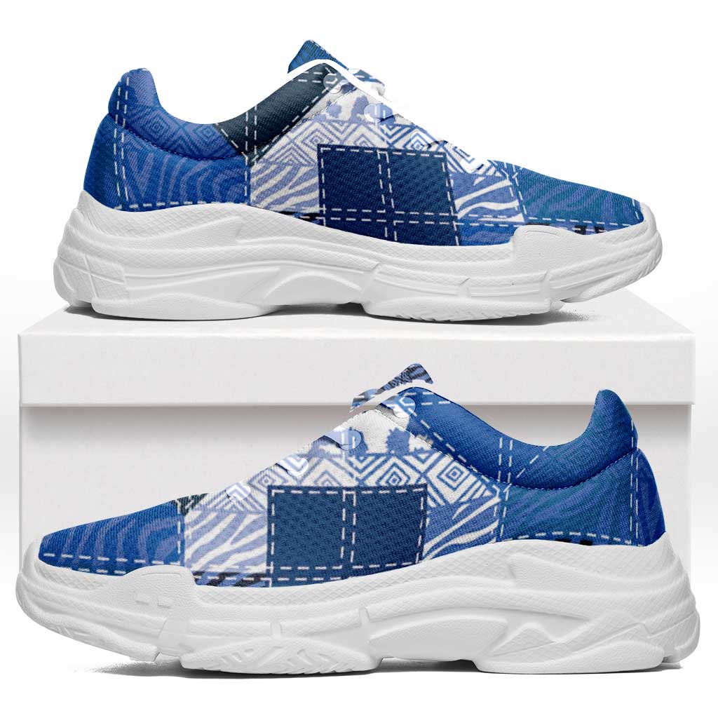 African American Quilt Inspired Chunky Sneakers Wild Animal Skin African Blue Tribal Elements