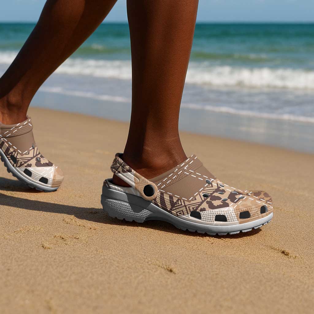 African American Quilt Inspired Clogs Shoes Wild Animal Skin African Beige Tribal Elements