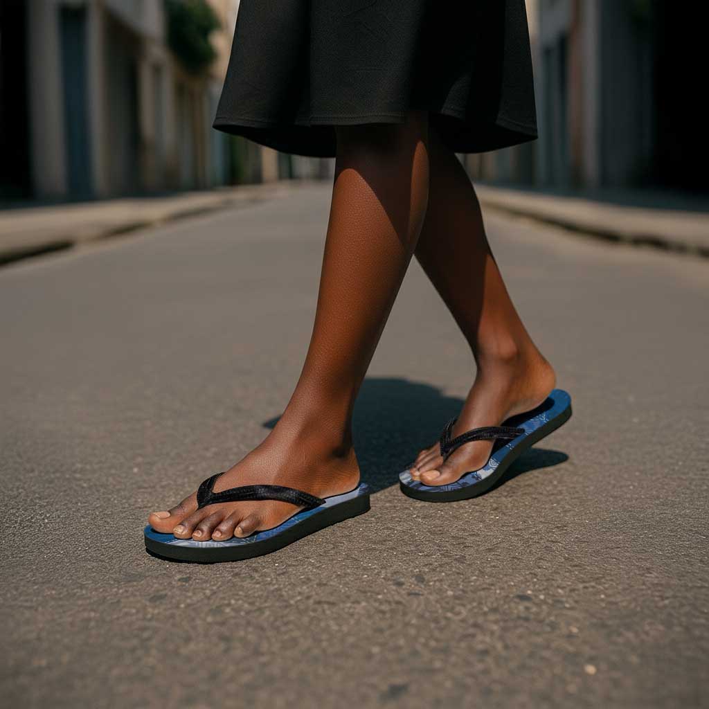 African American Quilt Inspired Flip Flops Wild Animal Skin African Blue Tribal Elements