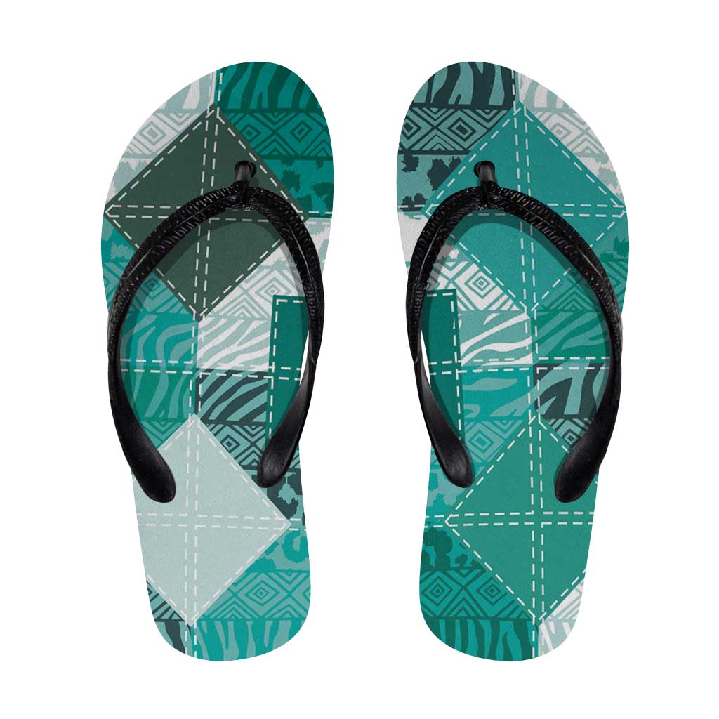 African American Quilt Inspired Flip Flops Wild Animal Skin African Turquoise Tribal Elements