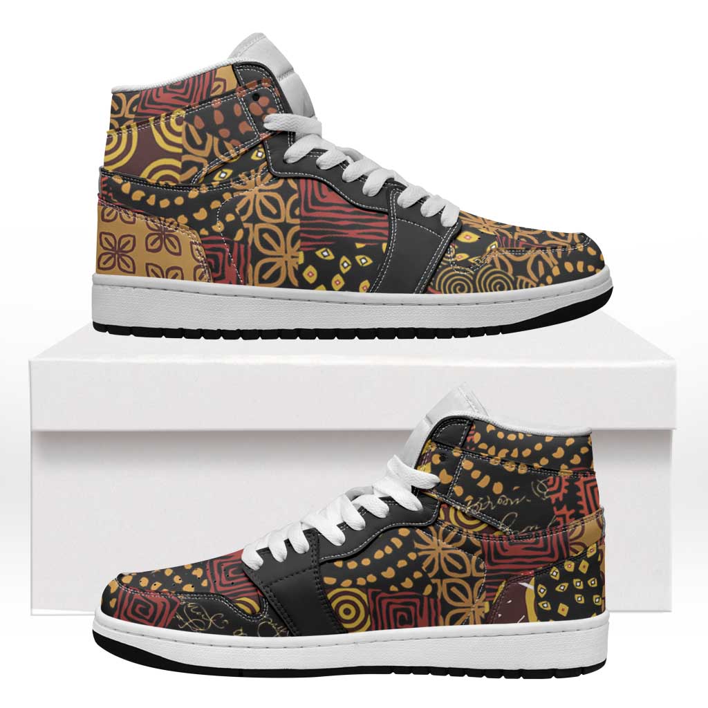 African American Quilt Inspired High Sneakers AJ1 Earth Tone African Patchwork Motif