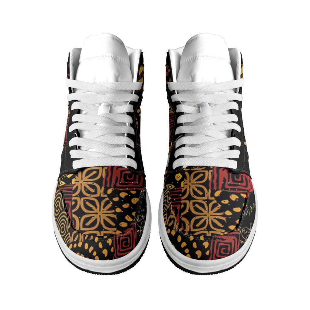 African American Quilt Inspired High Sneakers AJ1 Earth Tone African Patchwork Motif