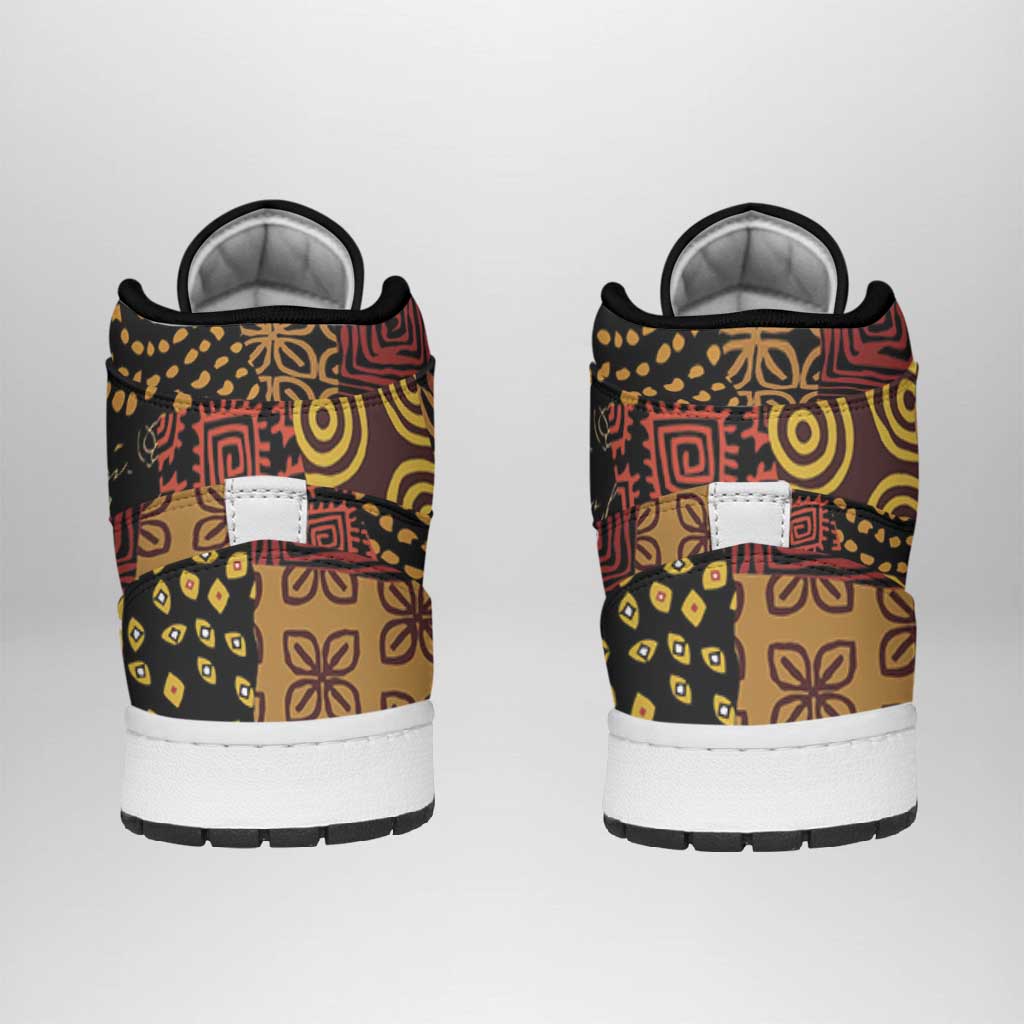 African American Quilt Inspired High Sneakers AJ1 Earth Tone African Patchwork Motif