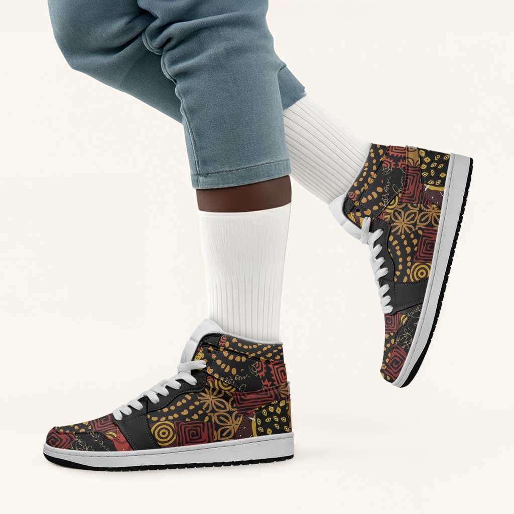 African American Quilt Inspired High Sneakers AJ1 Earth Tone African Patchwork Motif
