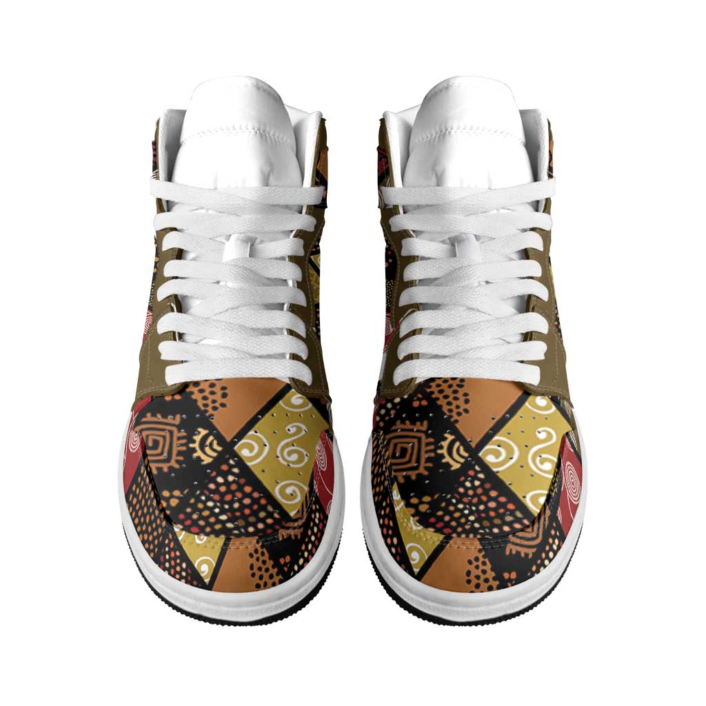 African American Quilt Inspired High Sneakers AJ1 Ethnic Bohemian Rhombus Patchwork