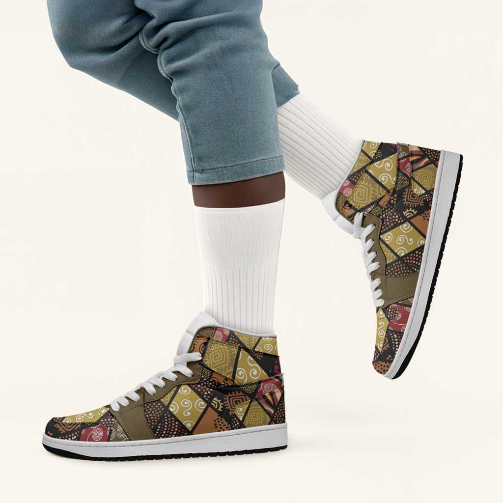 African American Quilt Inspired High Sneakers AJ1 Ethnic Bohemian Rhombus Patchwork