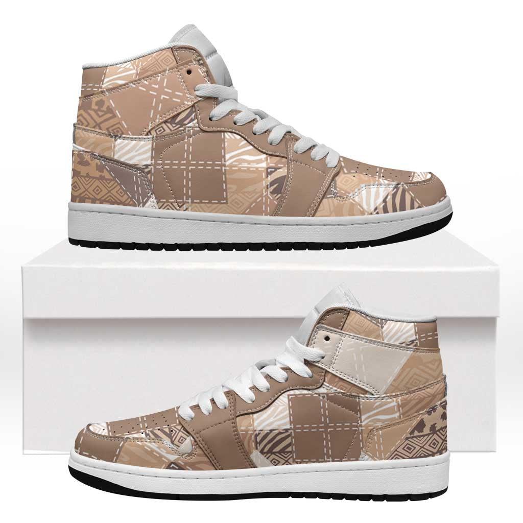 African American Quilt Inspired High Sneakers AJ1 Wild Animal Skin African Beige Tribal Elements