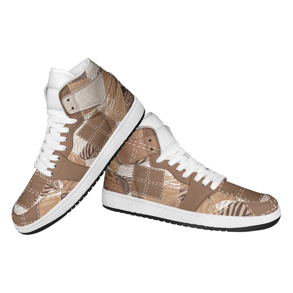 African American Quilt Inspired High Sneakers AJ1 Wild Animal Skin African Beige Tribal Elements