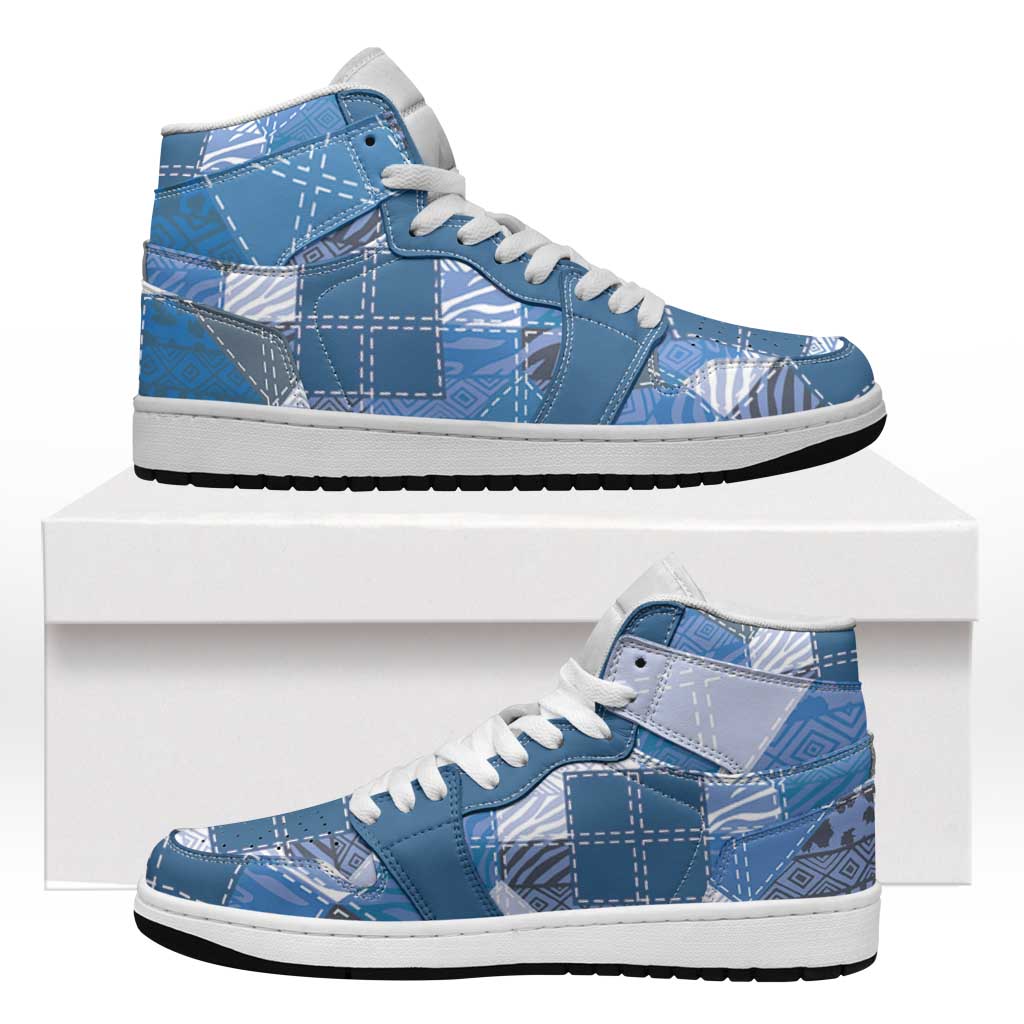 African American Quilt Inspired High Sneakers AJ1 Wild Animal Skin African Blue Tribal Elements