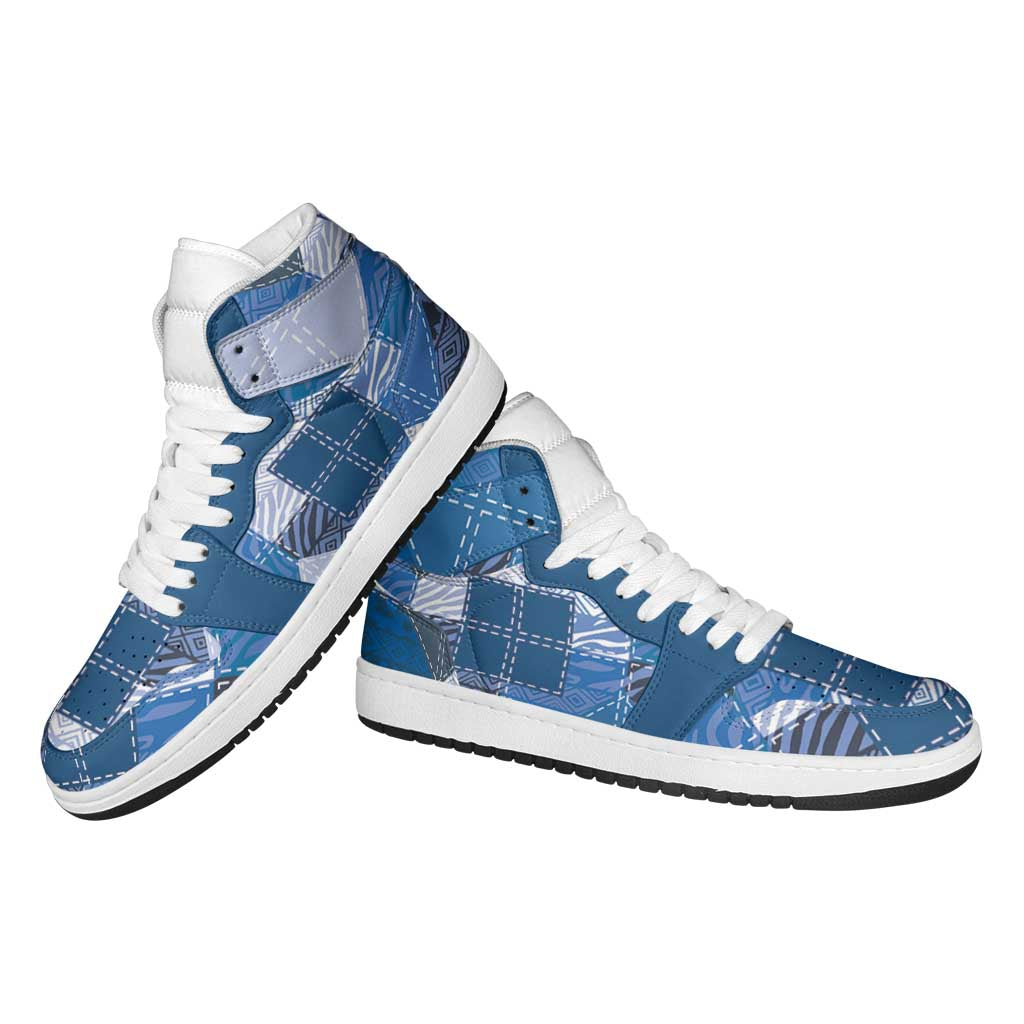 African American Quilt Inspired High Sneakers AJ1 Wild Animal Skin African Blue Tribal Elements