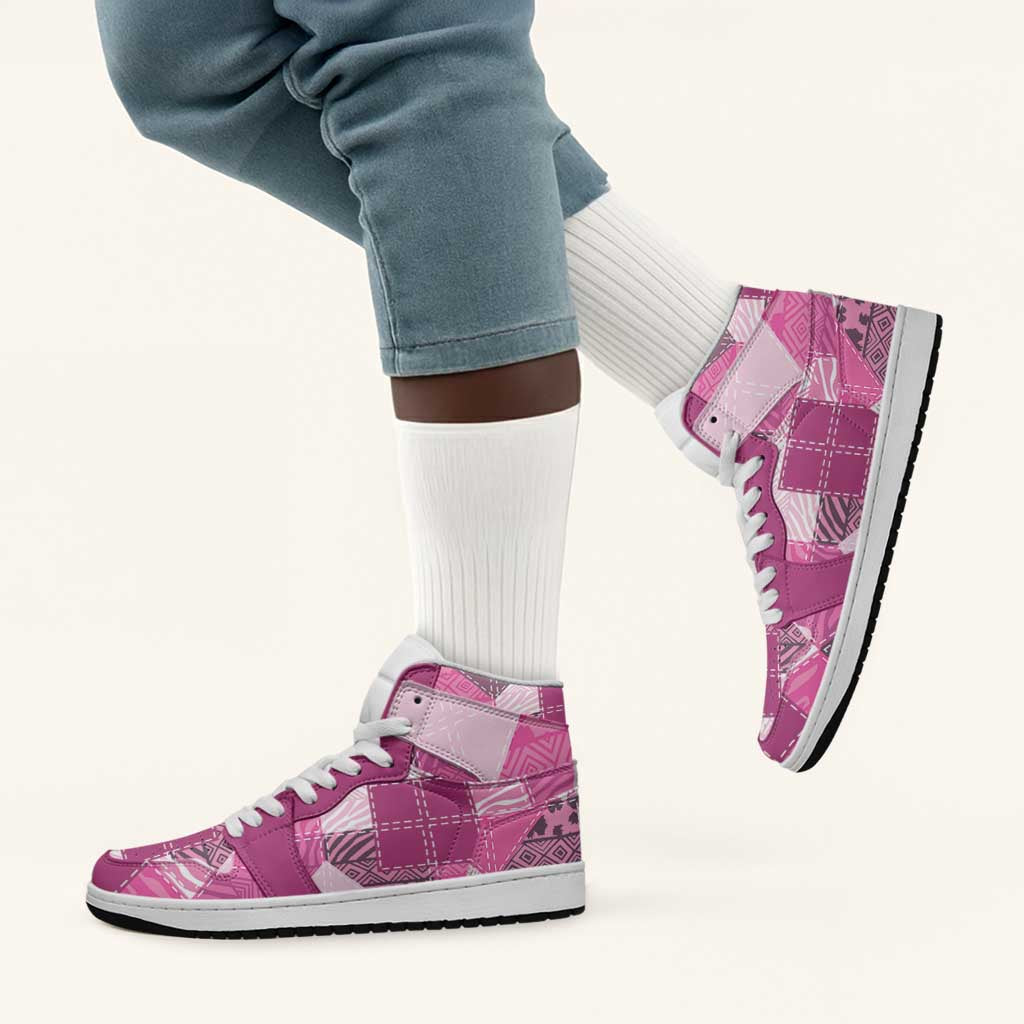 African American Quilt Inspired High Sneakers AJ1 Wild Animal Skin African Pink Tribal Elements