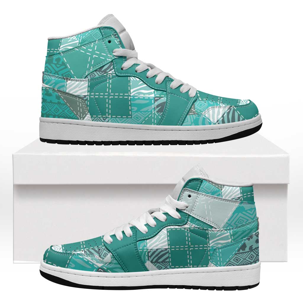 African American Quilt Inspired High Sneakers AJ1 Wild Animal Skin African Turquoise Tribal Elements