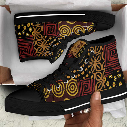 African American Quilt Inspired High Top Shoes Earth Tone African Patchwork Motif