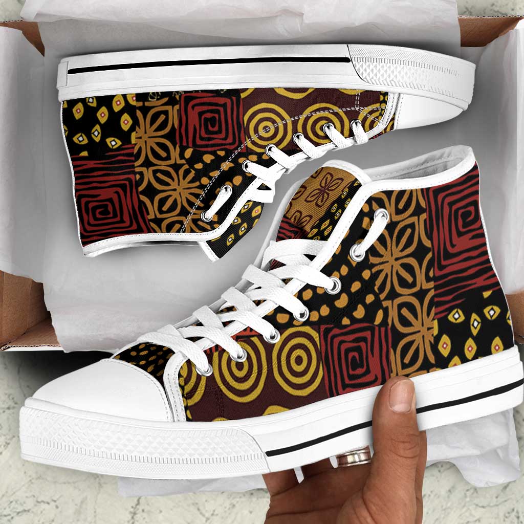 African American Quilt Inspired High Top Shoes Earth Tone African Patchwork Motif