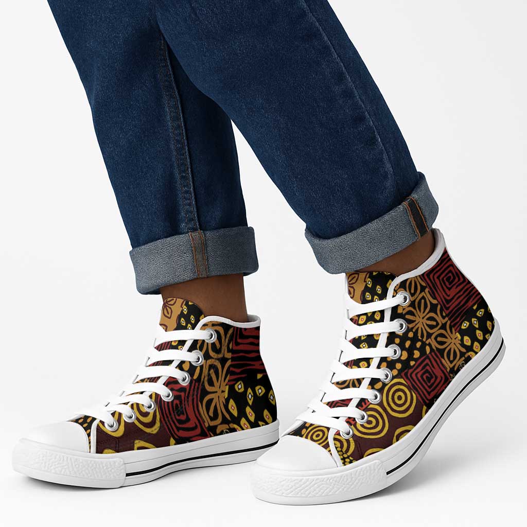 African American Quilt Inspired High Top Shoes Earth Tone African Patchwork Motif