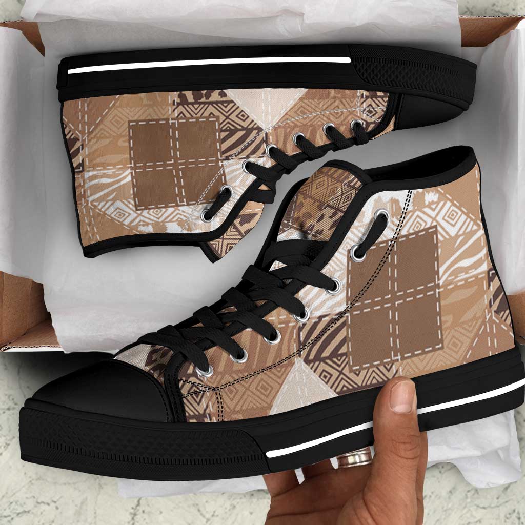 African American Quilt Inspired High Top Shoes Wild Animal Skin African Beige Tribal Elements