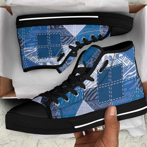 African American Quilt Inspired High Top Shoes Wild Animal Skin African Blue Tribal Elements