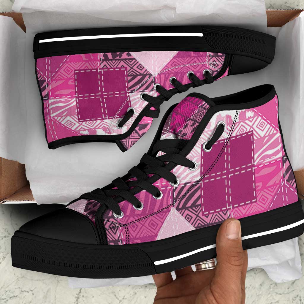 African American Quilt Inspired High Top Shoes Wild Animal Skin African Pink Tribal Elements