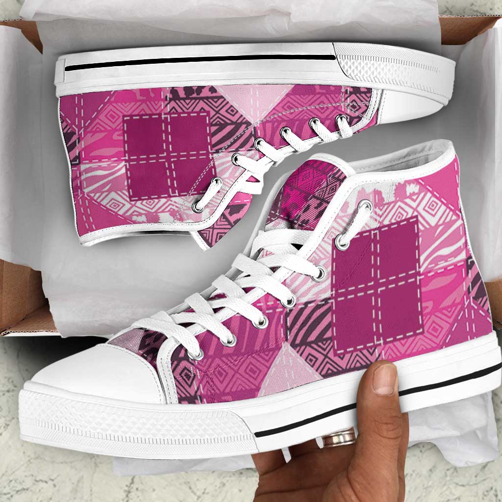 African American Quilt Inspired High Top Shoes Wild Animal Skin African Pink Tribal Elements
