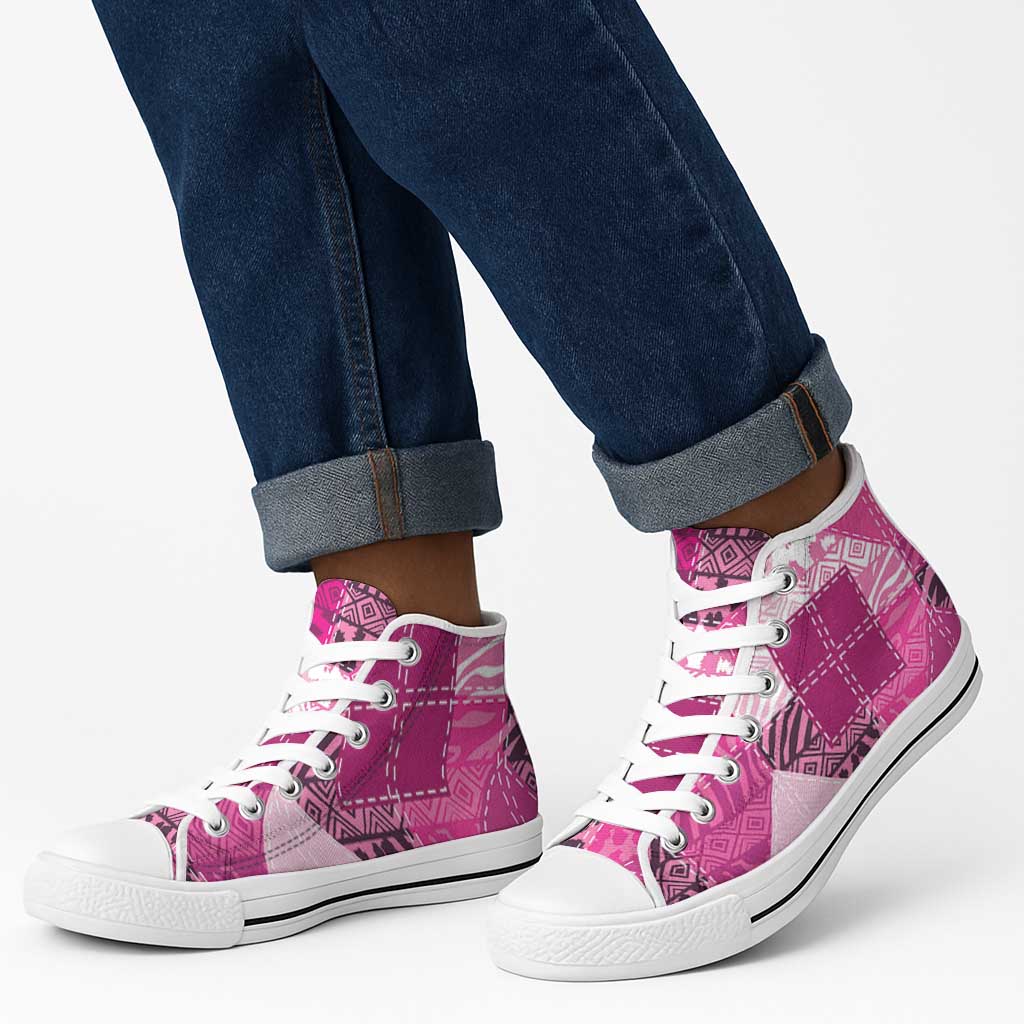 African American Quilt Inspired High Top Shoes Wild Animal Skin African Pink Tribal Elements