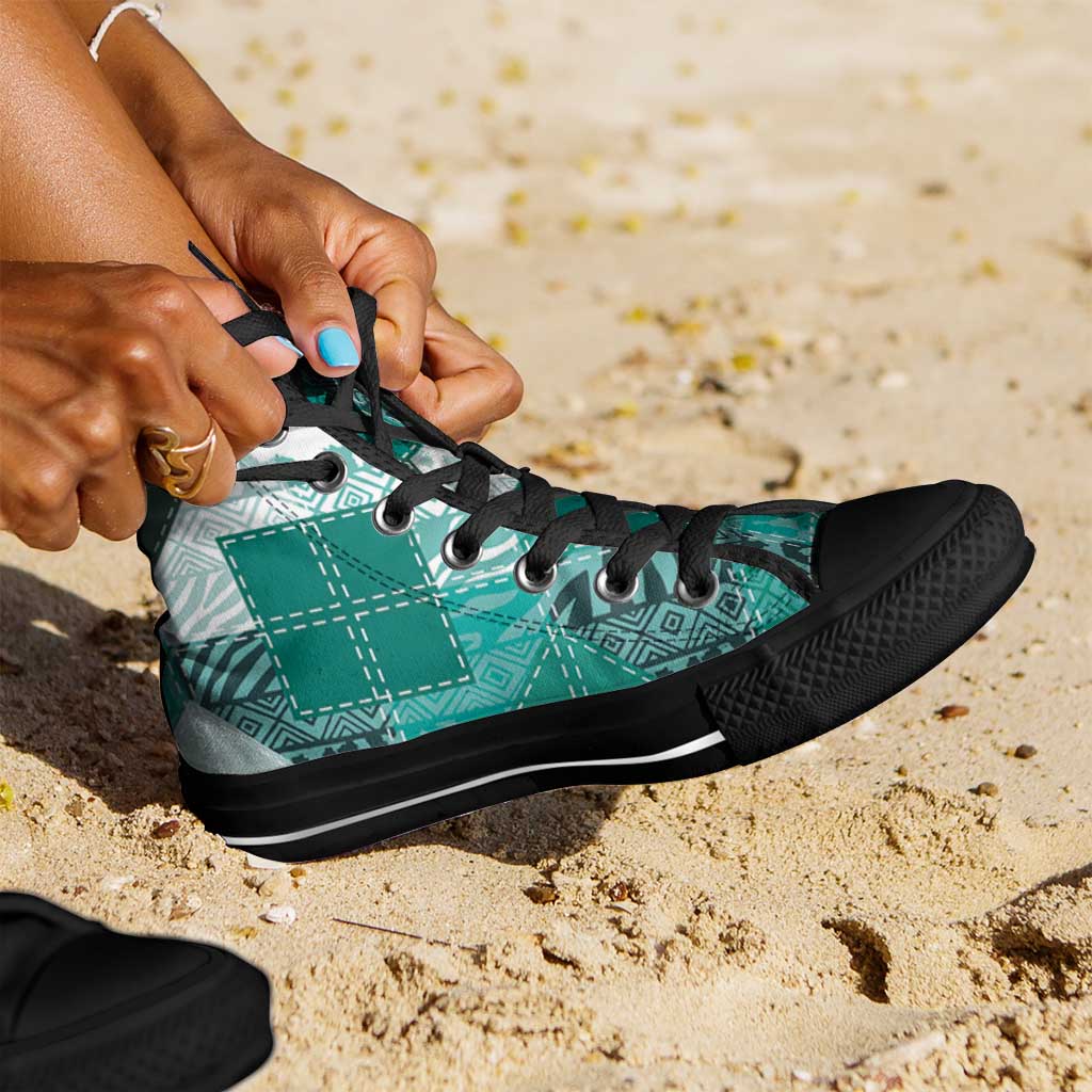 African American Quilt Inspired High Top Shoes Wild Animal Skin African Turquoise Tribal Elements