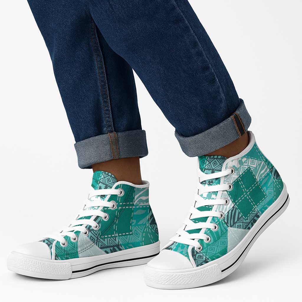 African American Quilt Inspired High Top Shoes Wild Animal Skin African Turquoise Tribal Elements
