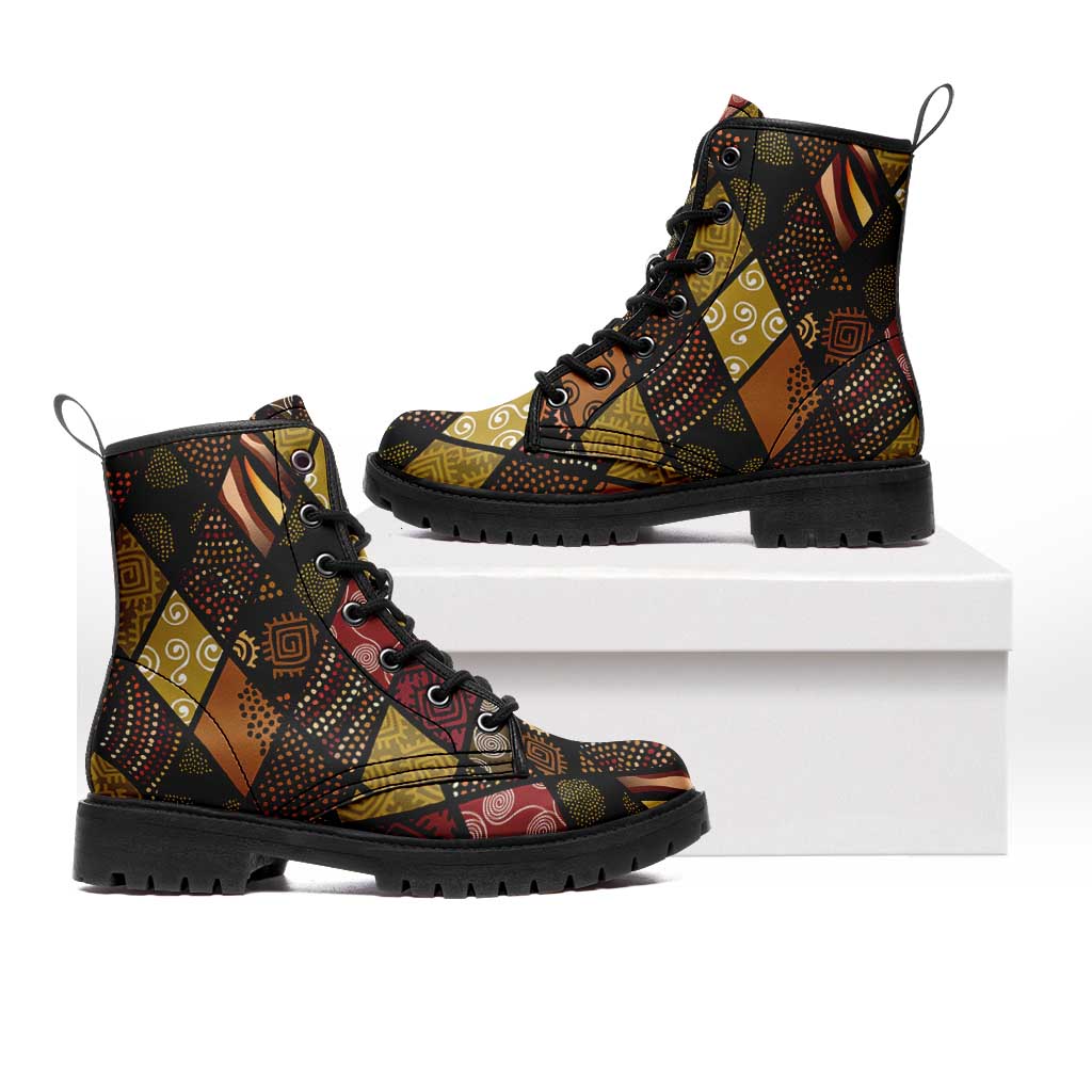 African American Quilt Inspired Leather Boots Ethnic Bohemian Rhombus Patchwork
