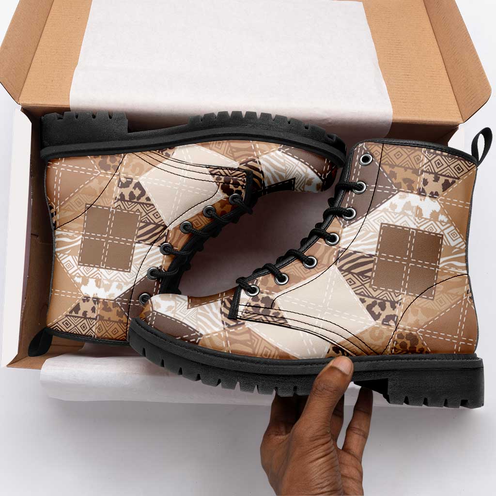 African American Quilt Inspired Leather Boots Wild Animal Skin African Beige Tribal Elements