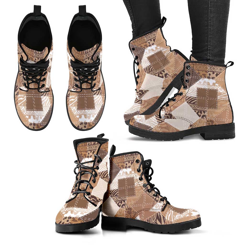African American Quilt Inspired Leather Boots Wild Animal Skin African Beige Tribal Elements