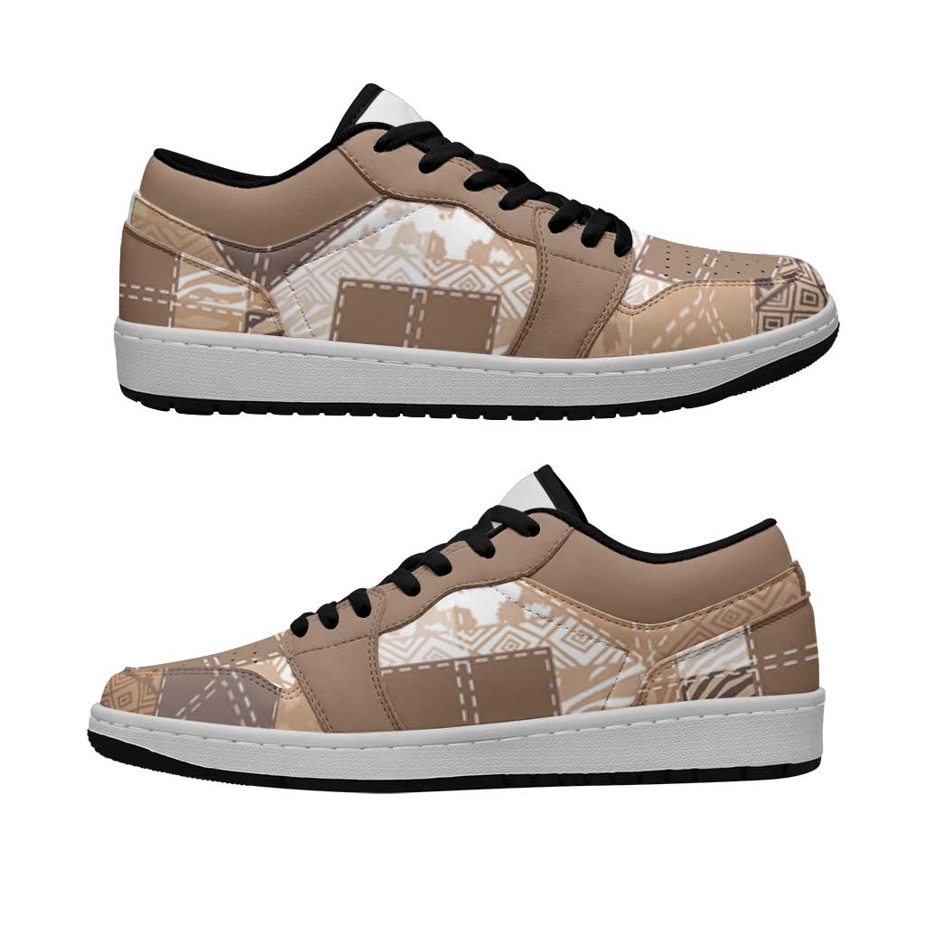 African American Quilt Inspired Low Sneakers Wild Animal Skin African Beige Tribal Elements