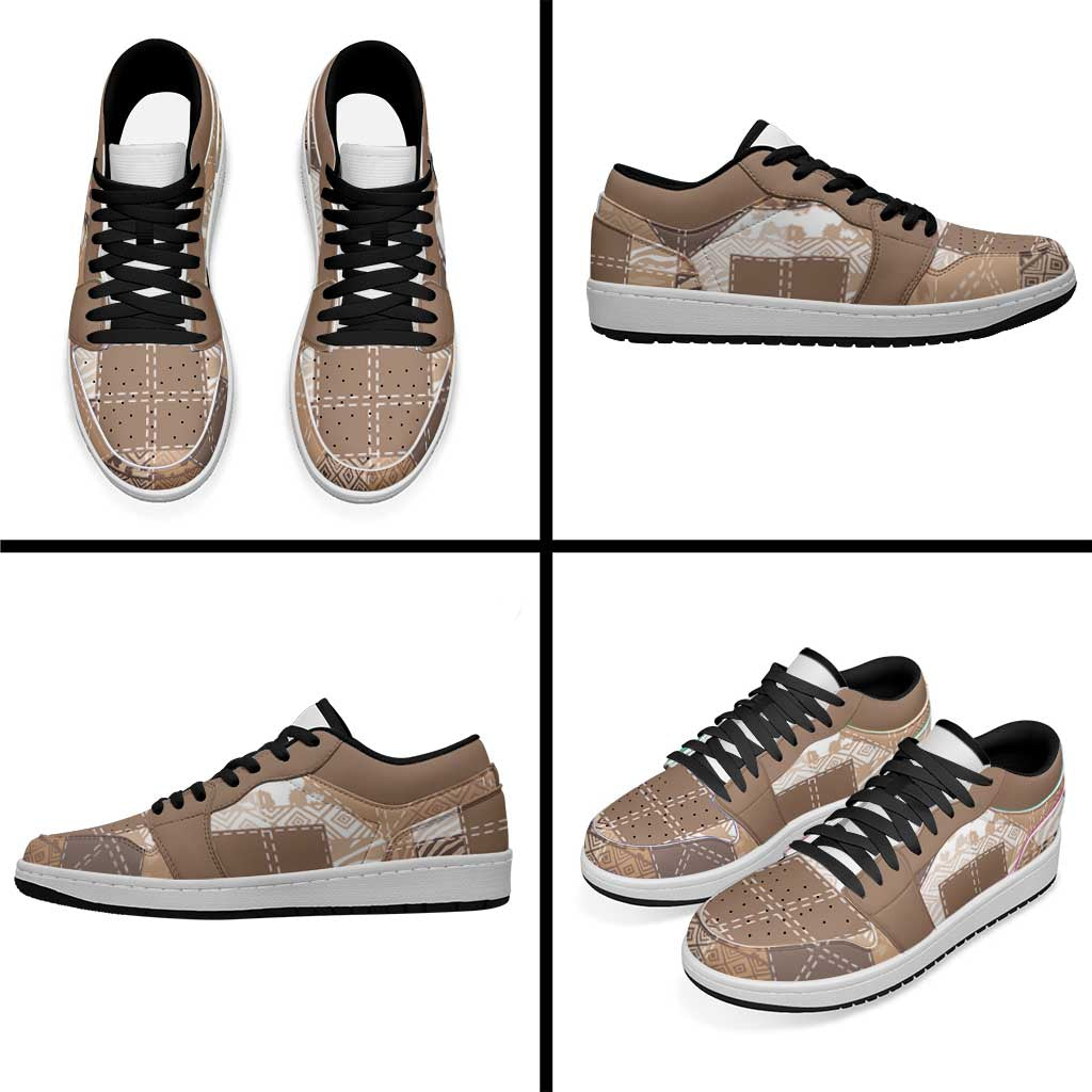 African American Quilt Inspired Low Sneakers Wild Animal Skin African Beige Tribal Elements