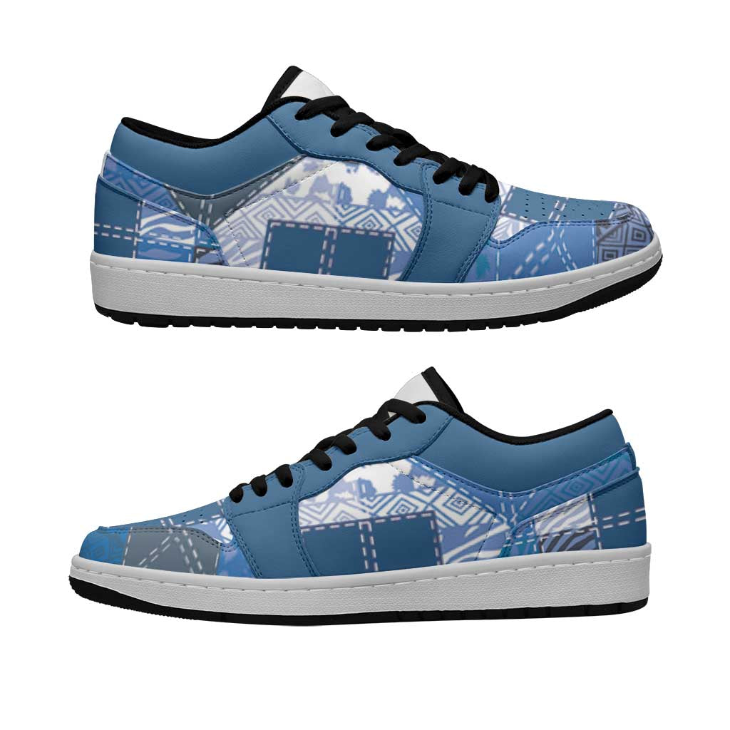 African American Quilt Inspired Low Sneakers Wild Animal Skin African Blue Tribal Elements