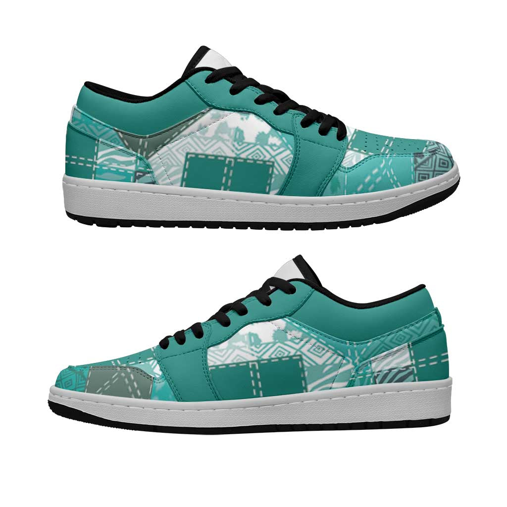 African American Quilt Inspired Low Sneakers Wild Animal Skin African Turquoise Tribal Elements